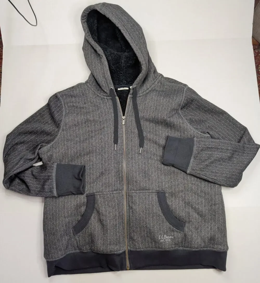 L.L Bean Charcoal Gray Herringbone Sherpa-lined Full Zip Hoodie Jacket XL 506085